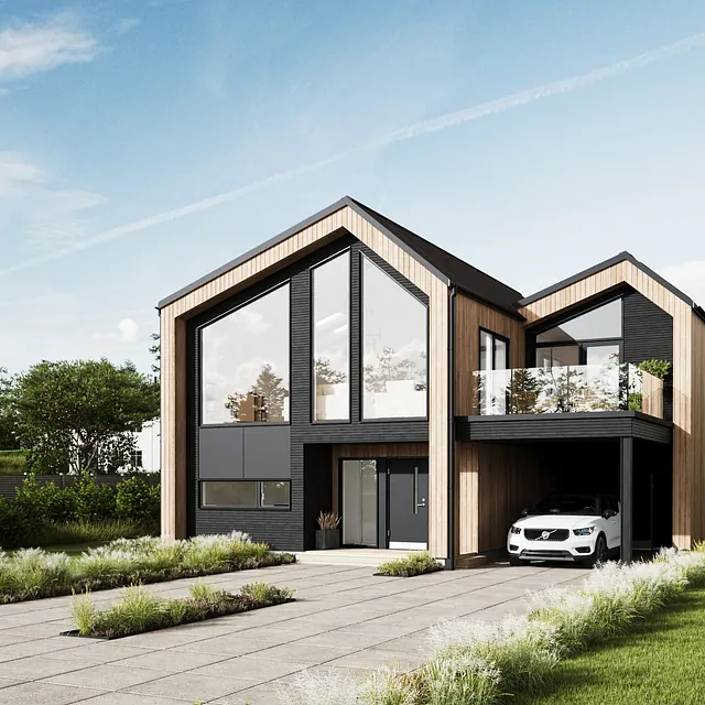 Nytt, moderne hus med store vinduer, tretak og carport med bil parkert under.